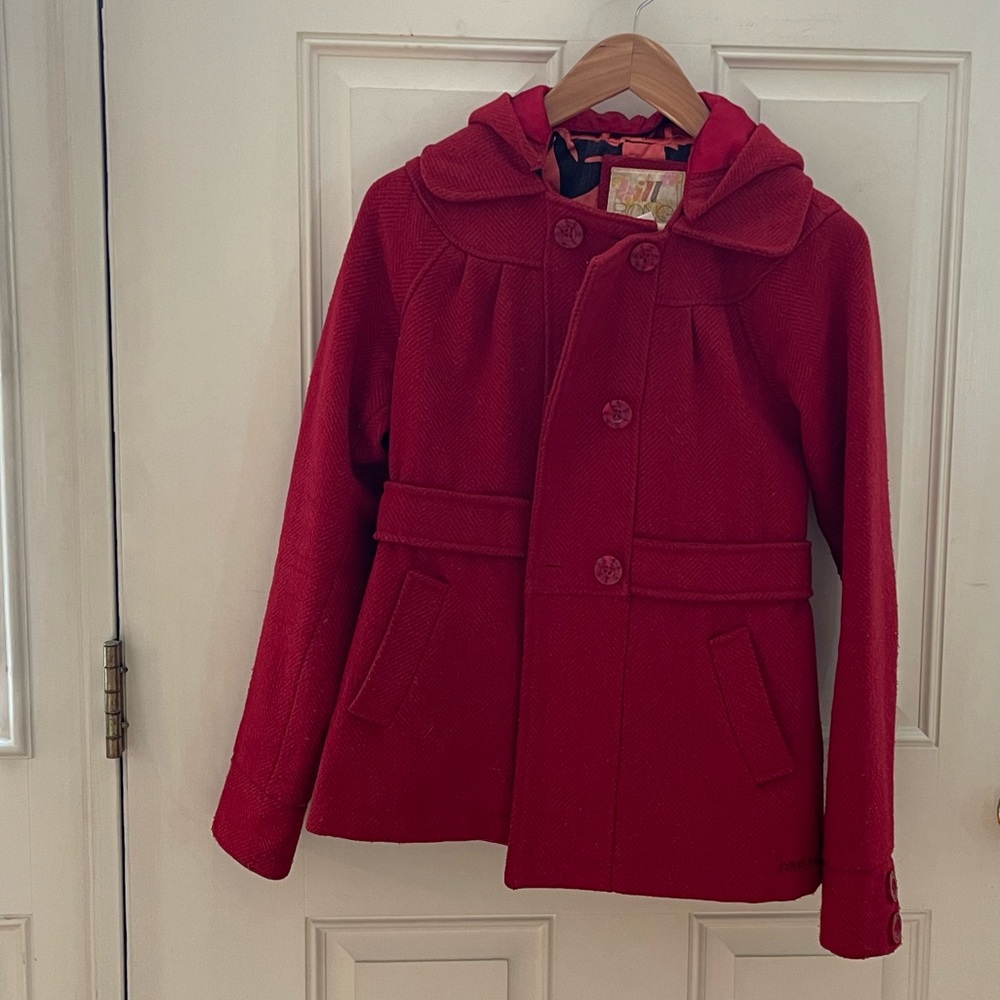 Cute red wool coat, detachable hood, fully lined, size S. Good used condition.
